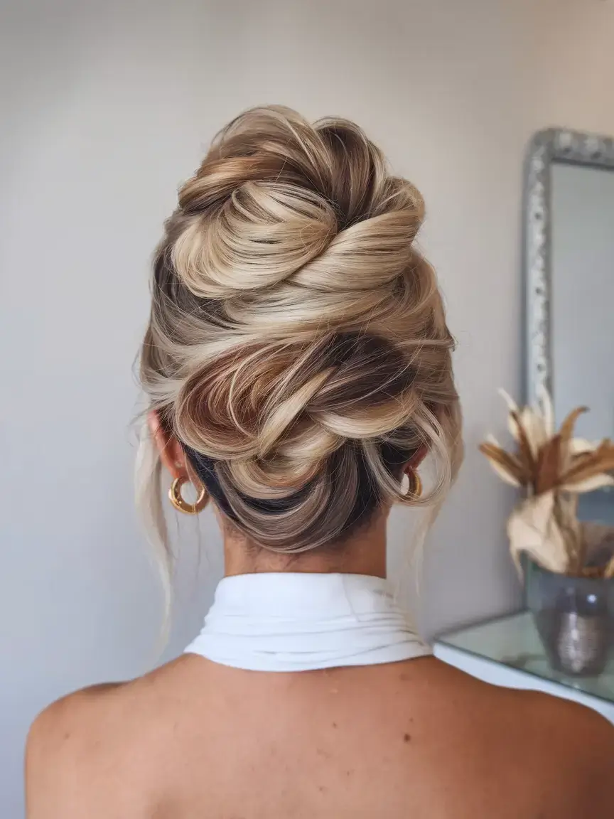 summer updo hairstyles 2025 Swirled Up-Stack with Dimensional Blonde