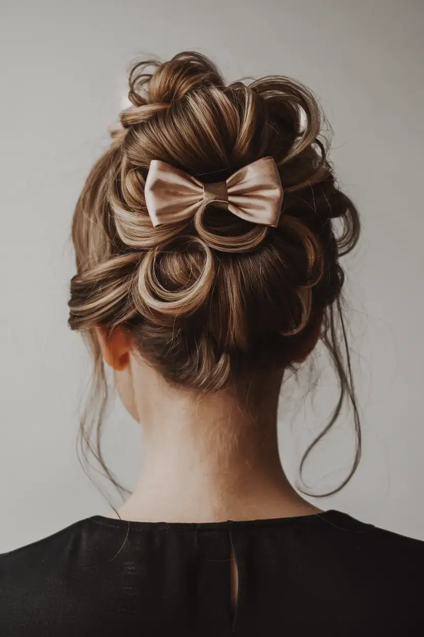 summer updo hairstyles 2025 Curled Crown Bun with Satin Bow