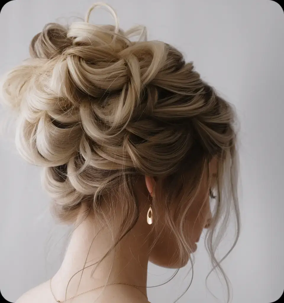 summer updo hairstyles 2025 Voluminous Platinum Swirl Updo