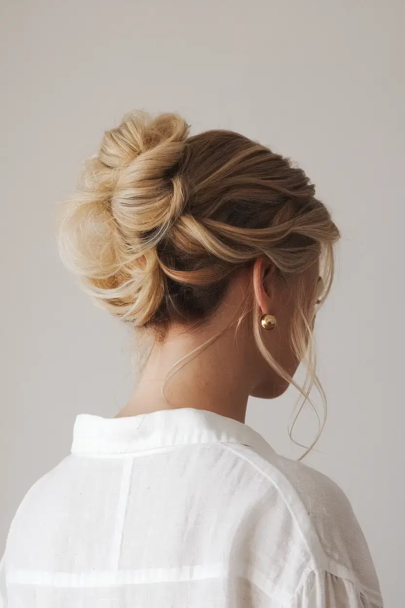 summer updo hairstyles 2025 Soft Blonde Knot with Airy Layers