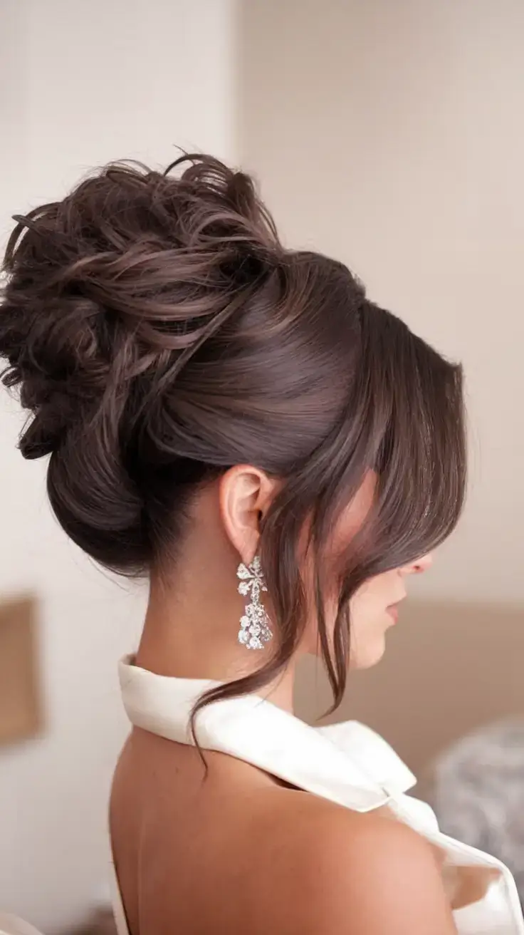 summer updo hairstyles 2025 Structured Brunette Bouffant Updo