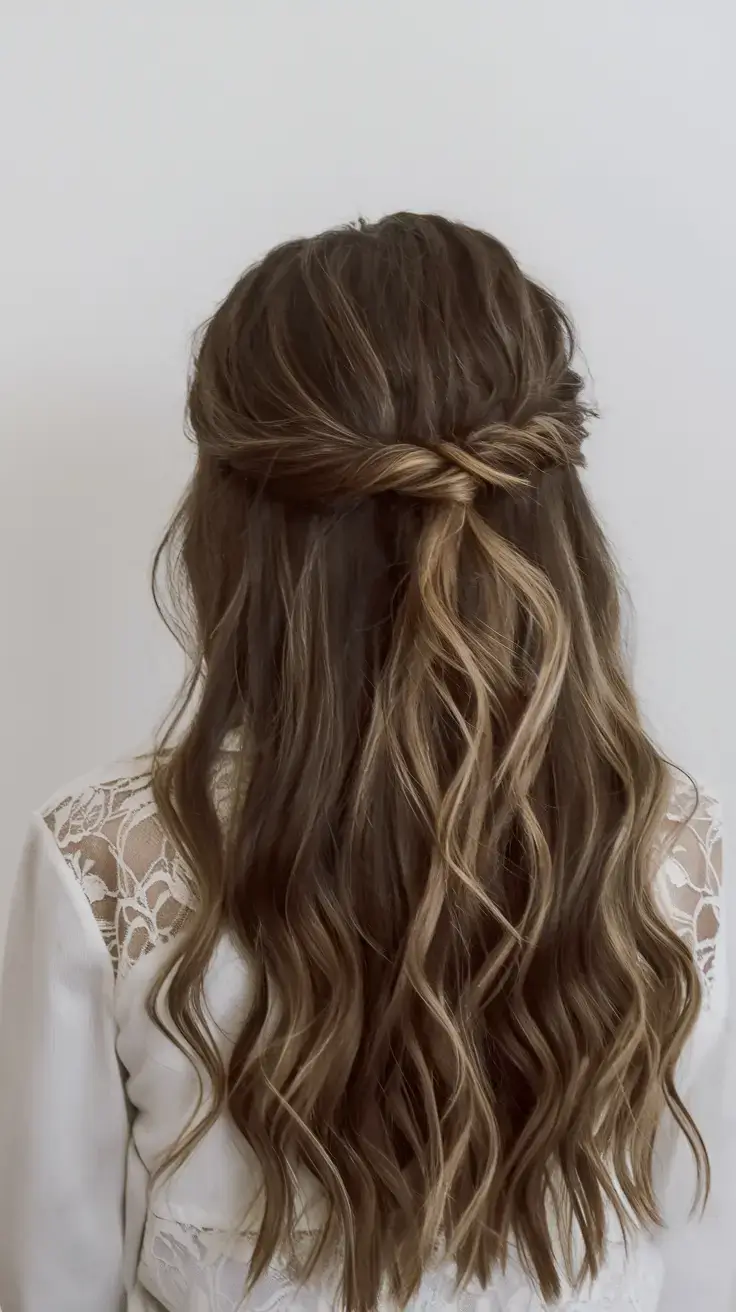 summer wedding hairstyles ideas 2025 Delicate Twisted Waterfall Half-Up