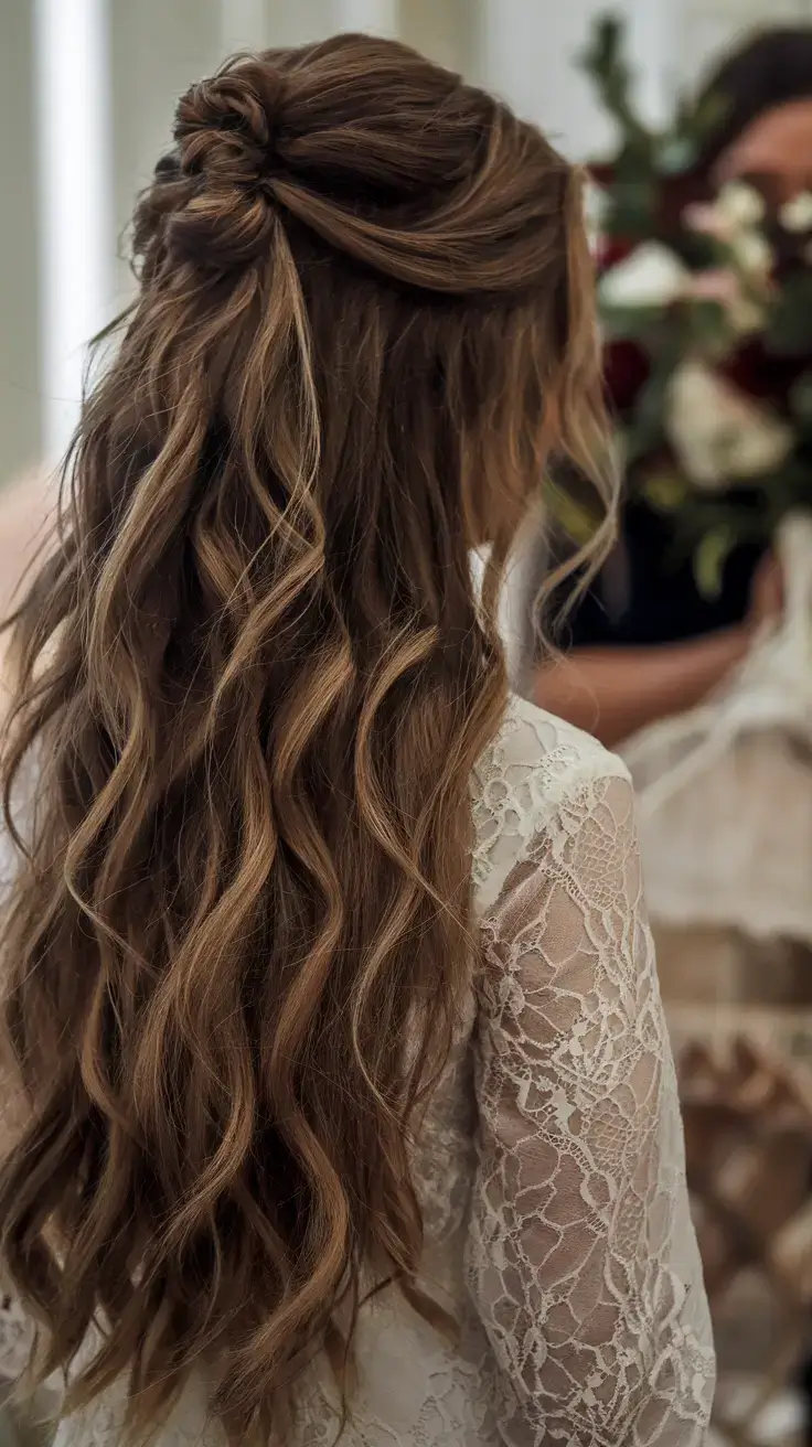 summer wedding hairstyles ideas 2025 Knotted Half-Up with Soft Rustic Waves