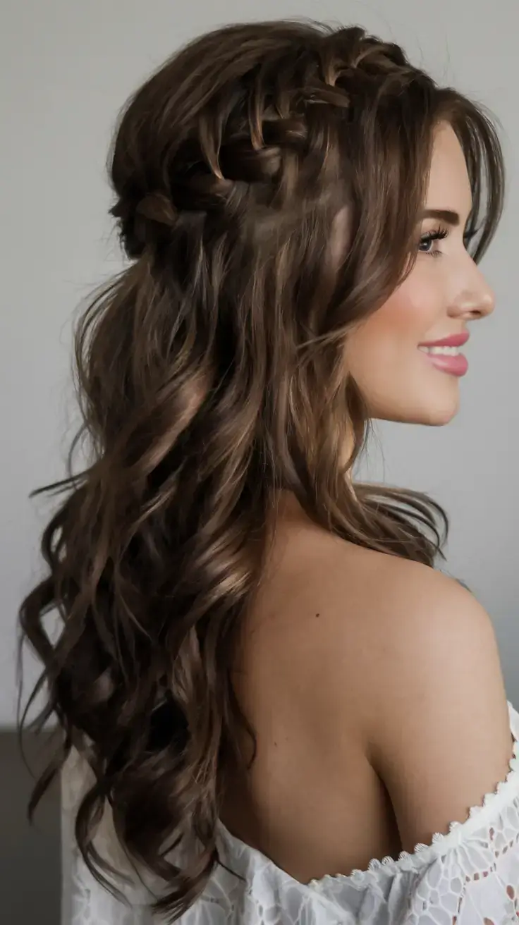 summer wedding hairstyles ideas 2025 Waterfall Braid with Cascading Curls