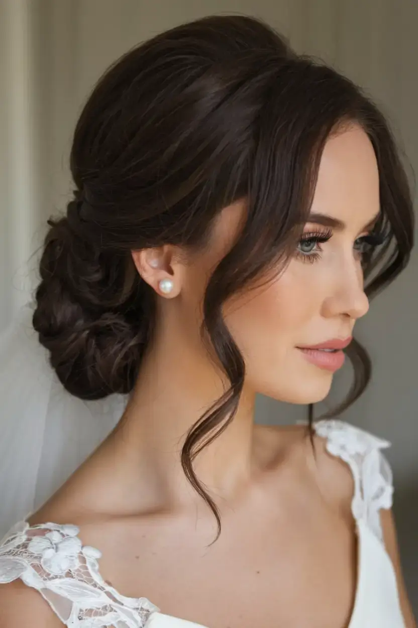 summer wedding hairstyles ideas 2025 Low Romantic Bun with Veil-Ready Volume