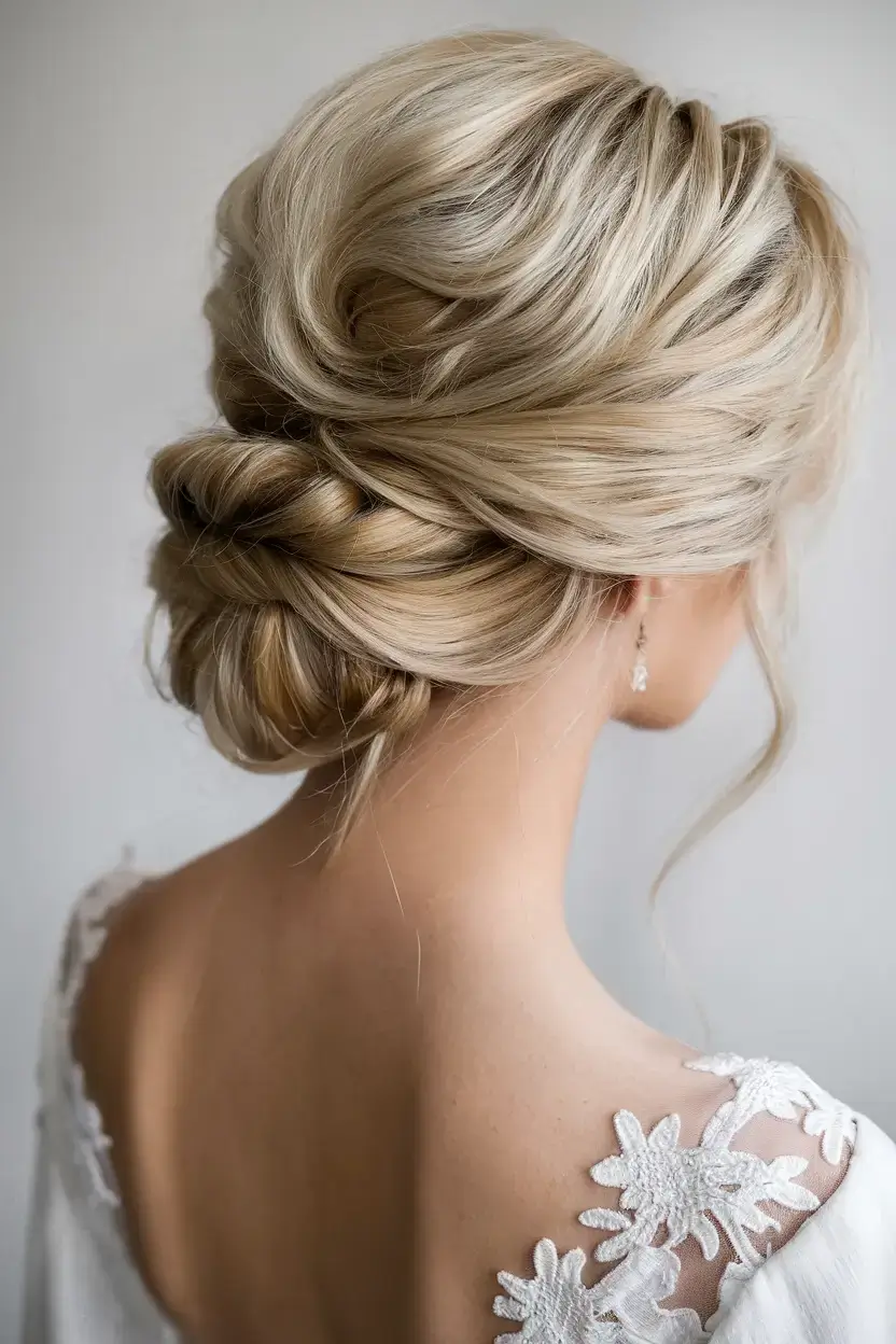 summer wedding hairstyles ideas 2025 Romantic Low Twist With Dimensional Blonde