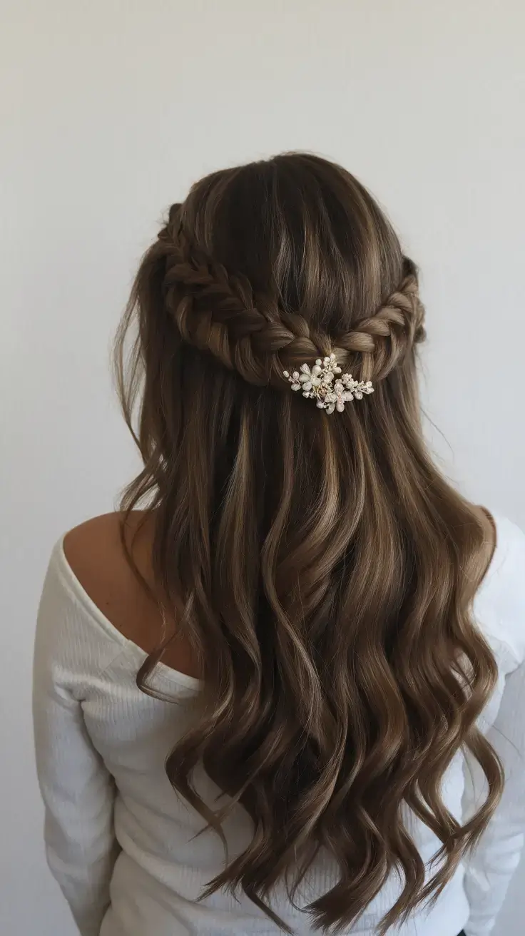 summer wedding hairstyles ideas 2025 Half-Up Crown Braid With Loose Waves