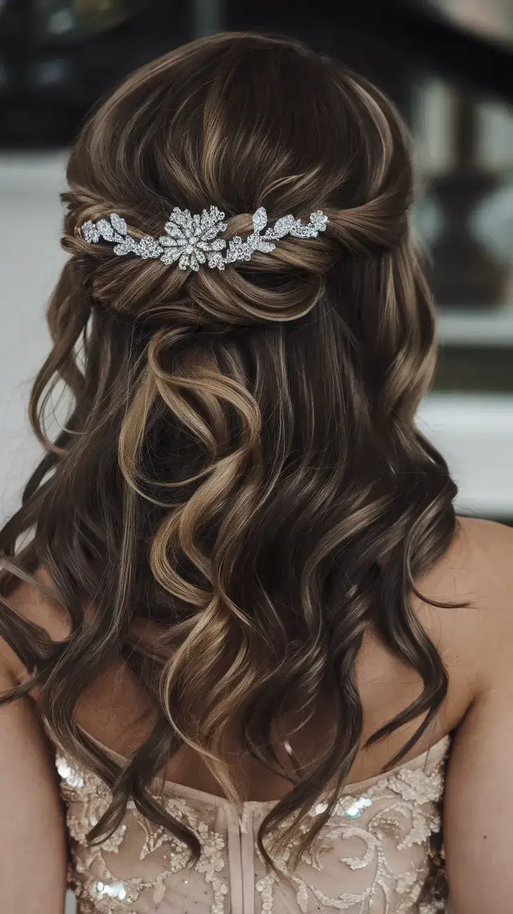 summer wedding hairstyles ideas 2025 Romantic Half-Up With Vintage Waves and Hairpiece