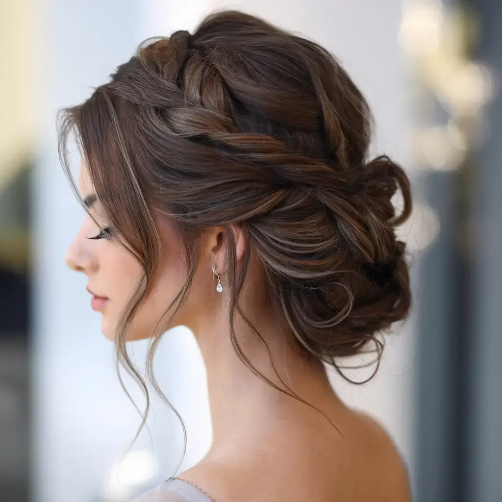 summer wedding hairstyles ideas 2025 Braided Crown Elegance With Tousled Bun
