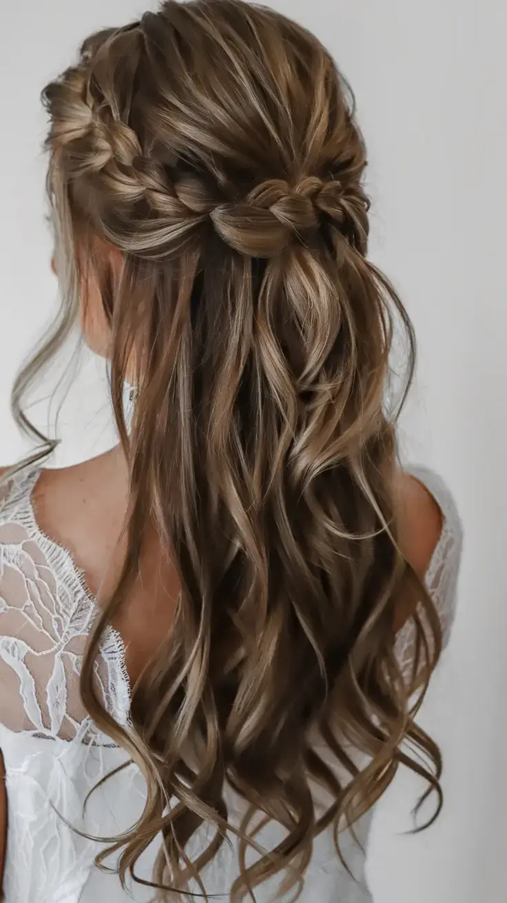 summer wedding hairstyles ideas 2025 Soft Braided Half-Up With Cascading Waves