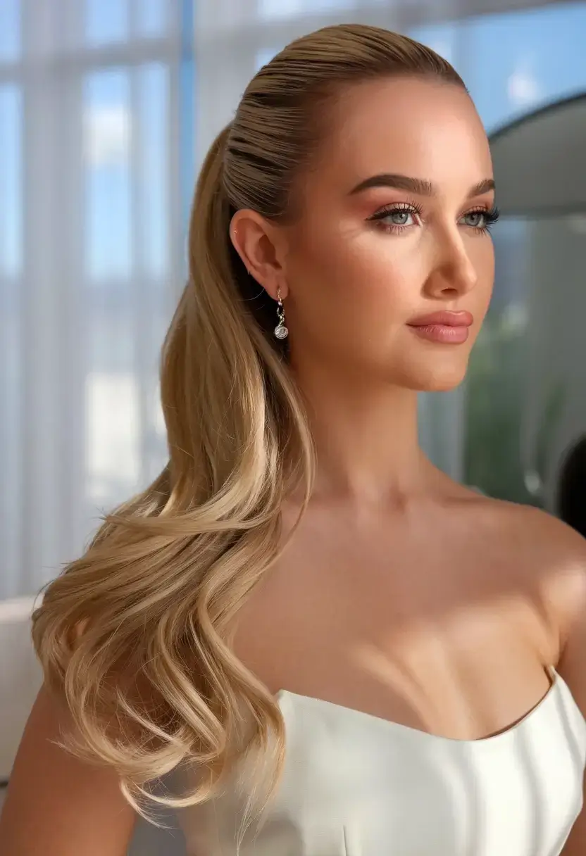 summer wedding hairstyles ideas 2025 Slicked-Back Ponytail With Hollywood Curls