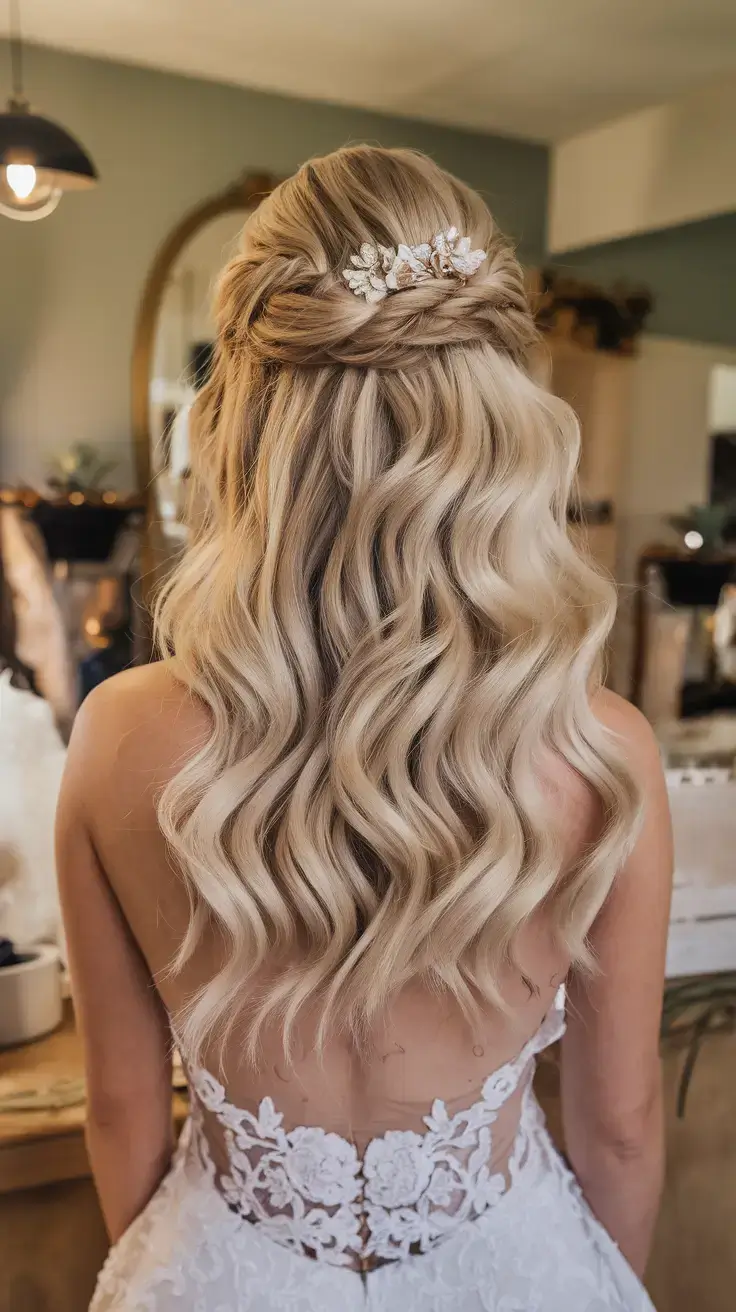 summer wedding hairstyles ideas 2025 Half-Up Wavy Blonde Glam with a Modern Clip