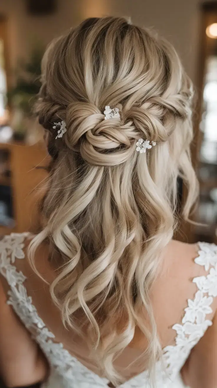 summer wedding hairstyles ideas 2025 Twisted Knot Half-Up with Crystal Blossoms