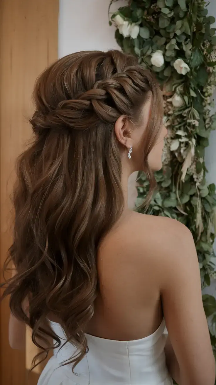 summer wedding hairstyles ideas 2025 Side Braided Crown with Cascading Curls