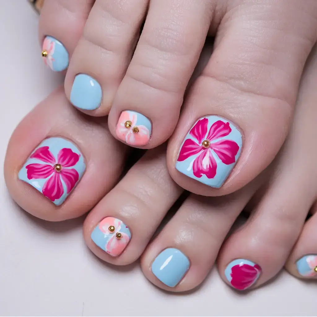 toe nail designs for summer 2025 Island Hibiscus on Blue Skies