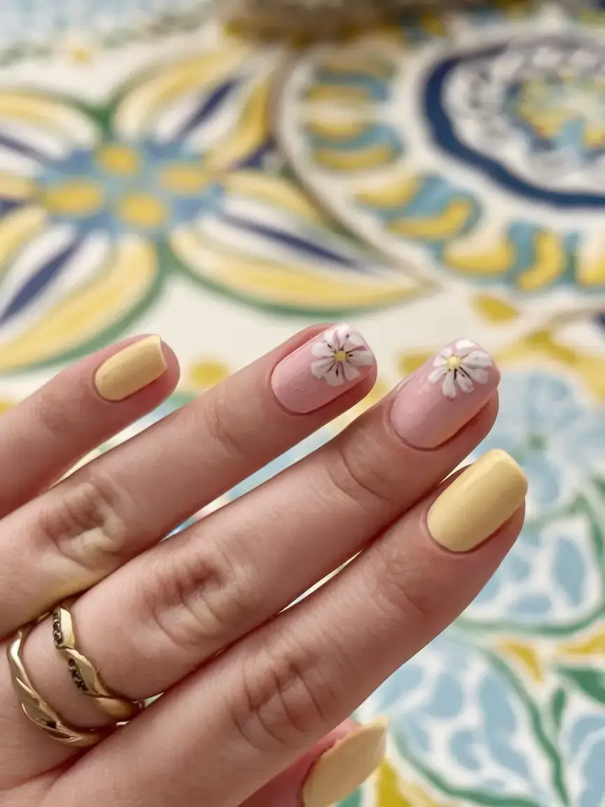 vacation nails ideas 2025 Daisy Days in Lemon Gelato