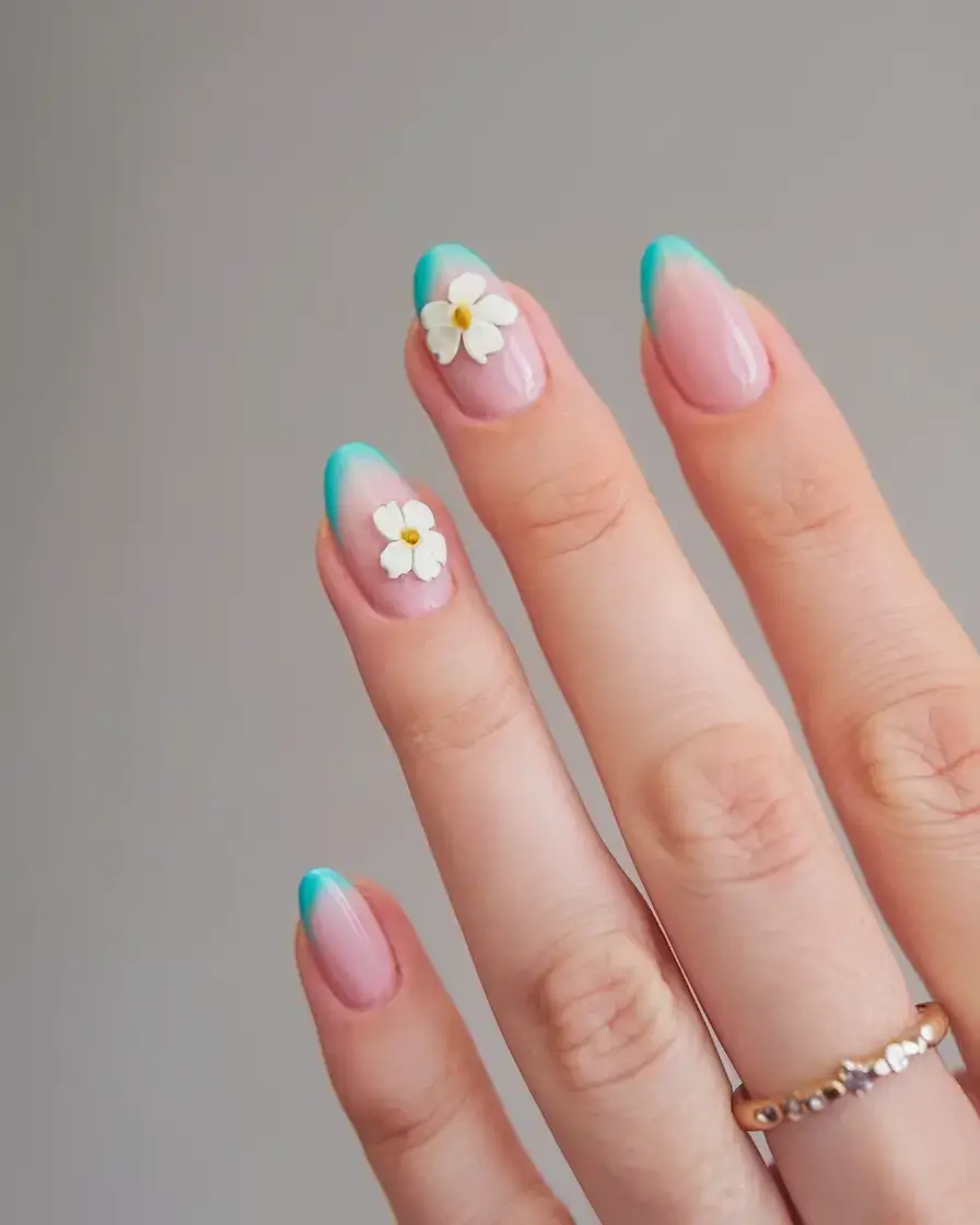 vacation nails ideas 2025 Turquoise-Tipped Blossoms