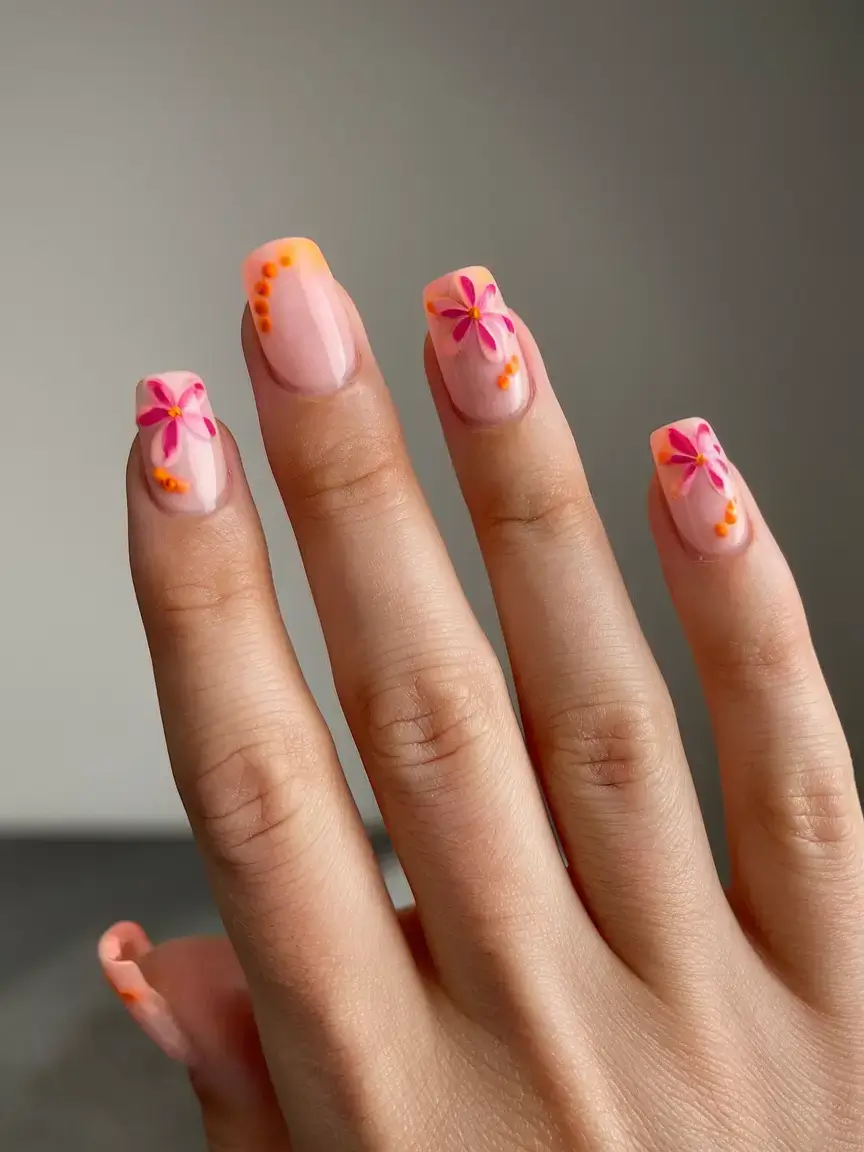 vacation nails ideas 2025 Hibiscus Vibes with Neon Flowers
