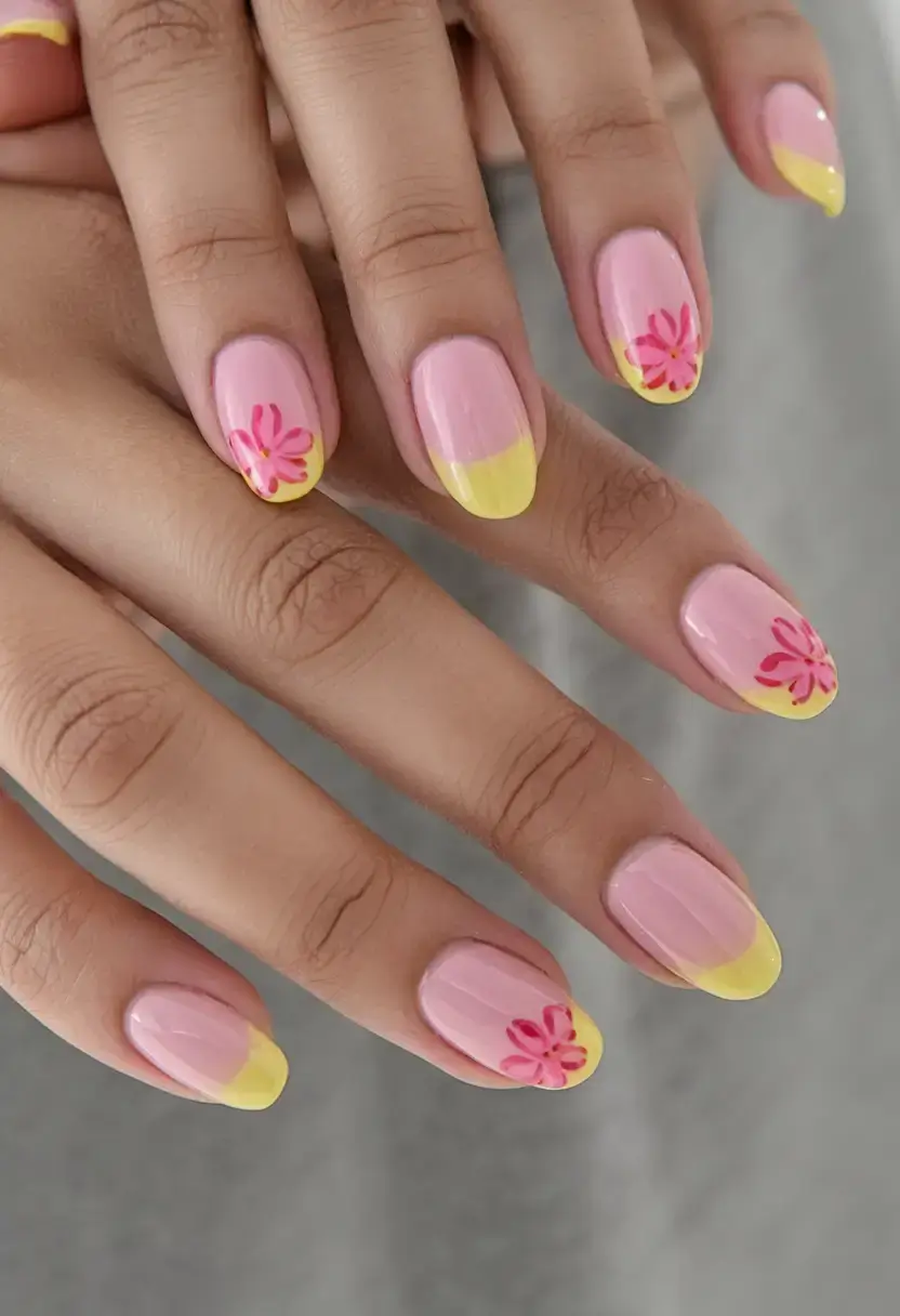 vacation nails ideas 2025 Pink Lemonade French with Floral Pops