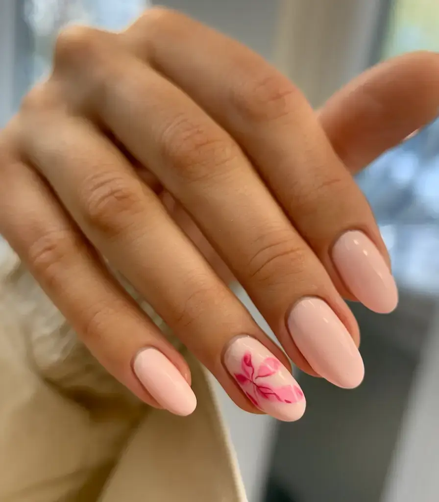 vacation nails ideas 2025 Soft Petal Pink with Watercolor Accent