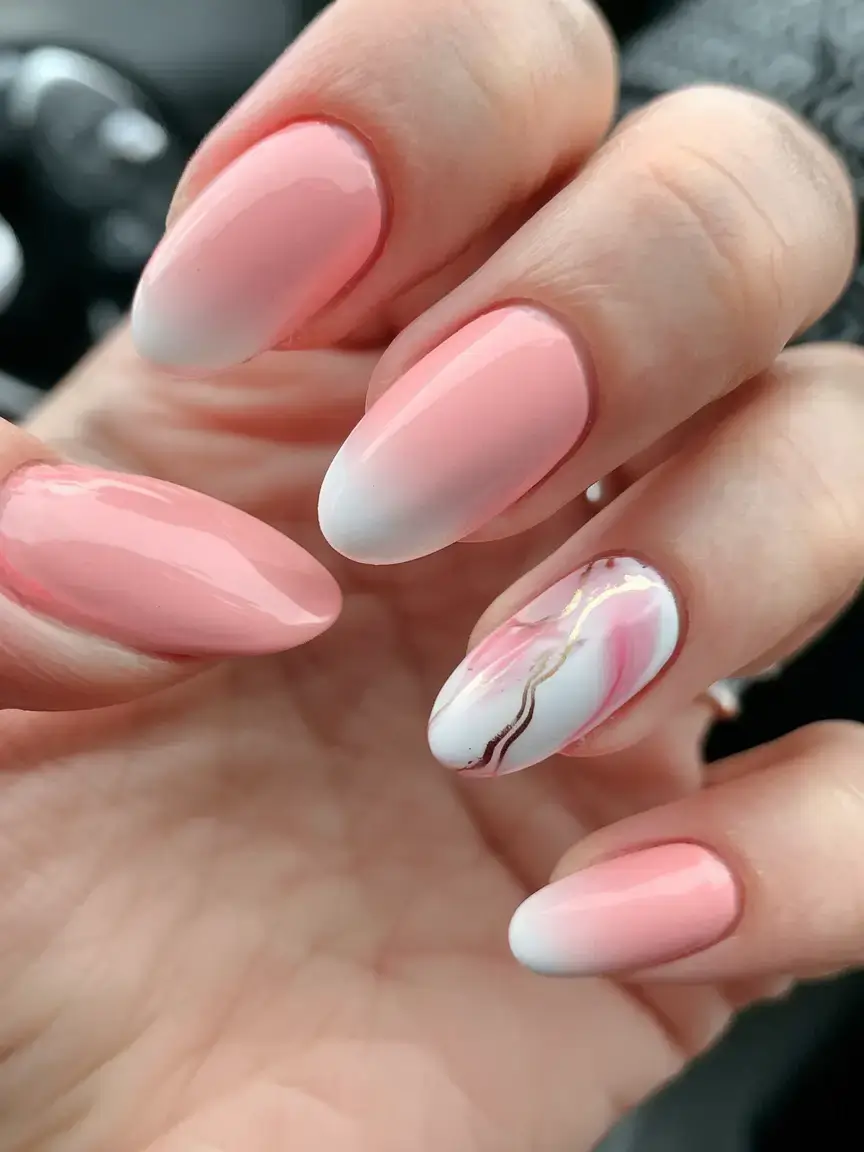 vacation nails ideas 2025 Peachy Ombré with Golden Veins