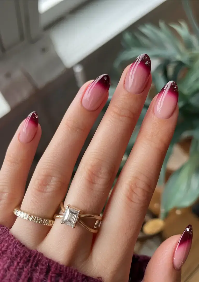 vacation nails ideas 2025 Wine-Stained Ombré with Crystal Drops