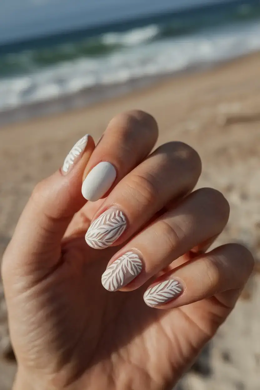 vacation nails ideas 2025 Matte White Palms on Barely-There Neutral