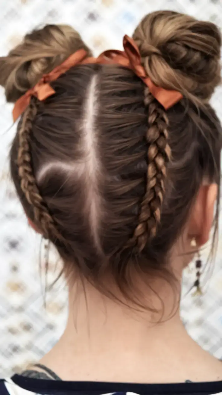 volleyball hairstyles for summer 2025+Double Braids into Looped Buns with Ribbon Accents