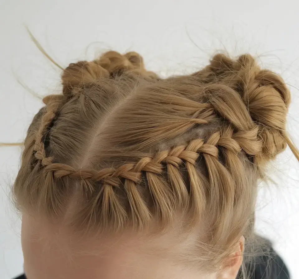 volleyball hairstyles for summer 2025+Criss-Cross Crown Braid into Space Buns