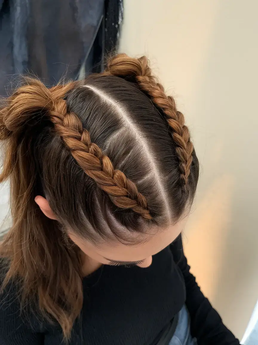 volleyball hairstyles for summer 2025+Boxy Part Braids into Half-Up Buns