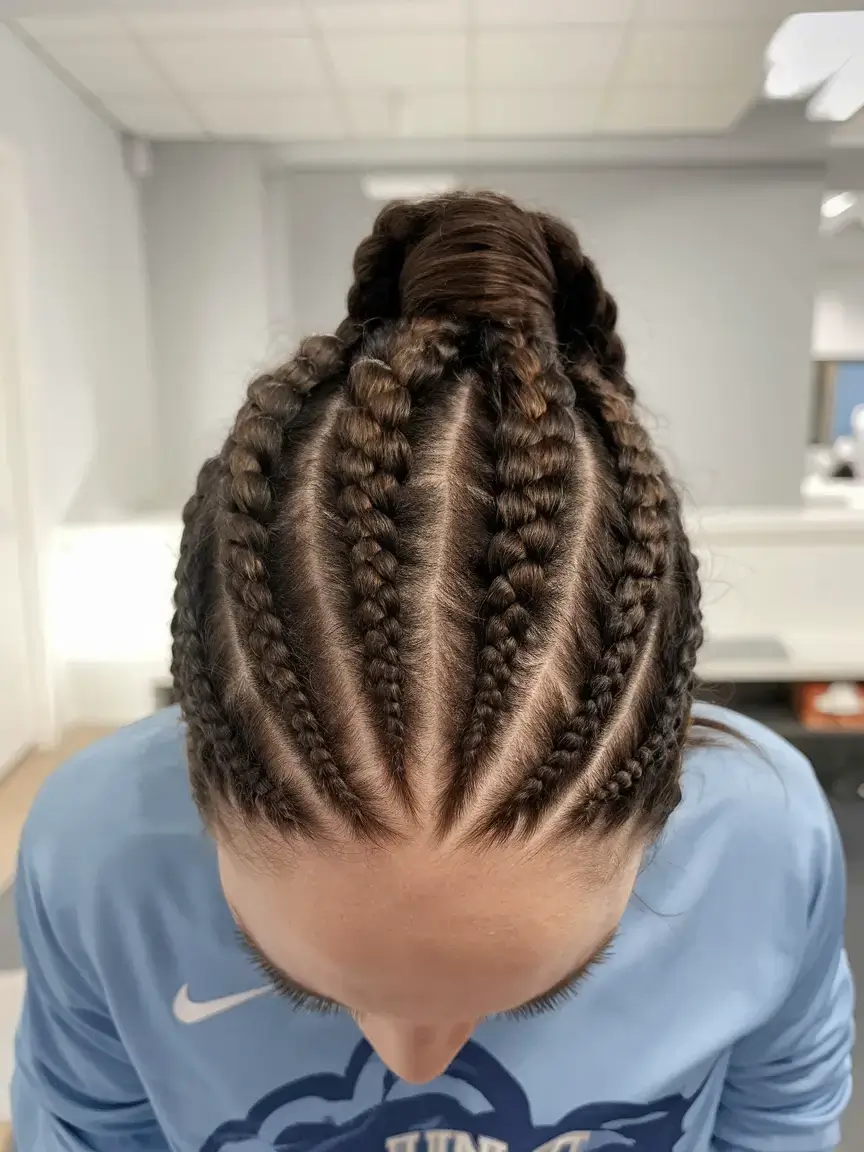 volleyball hairstyles for summer 2025+Vertical Cornrow High Bun