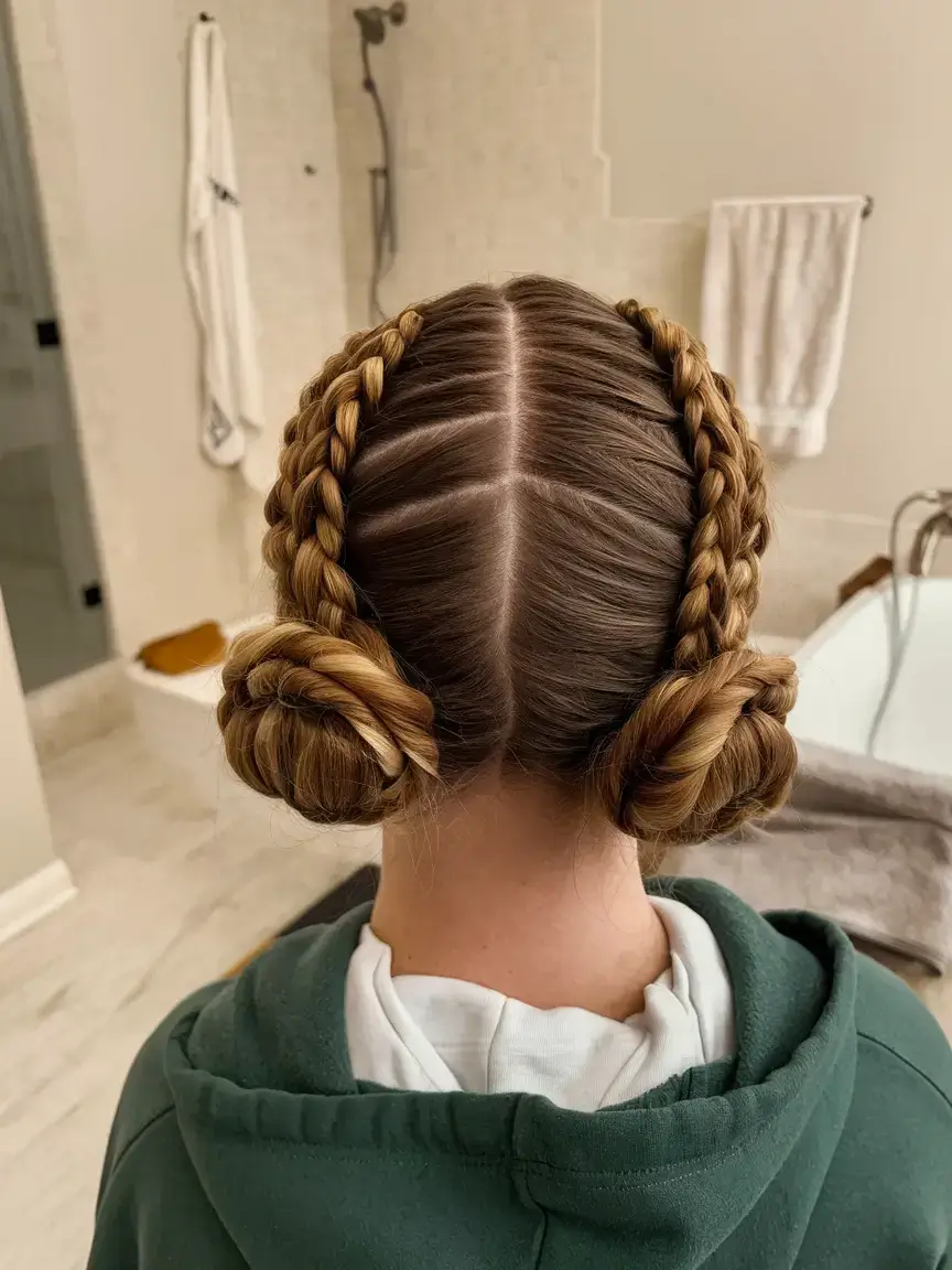 volleyball hairstyles for summer 2025+Chunky Crown Braids into Low Princess Buns