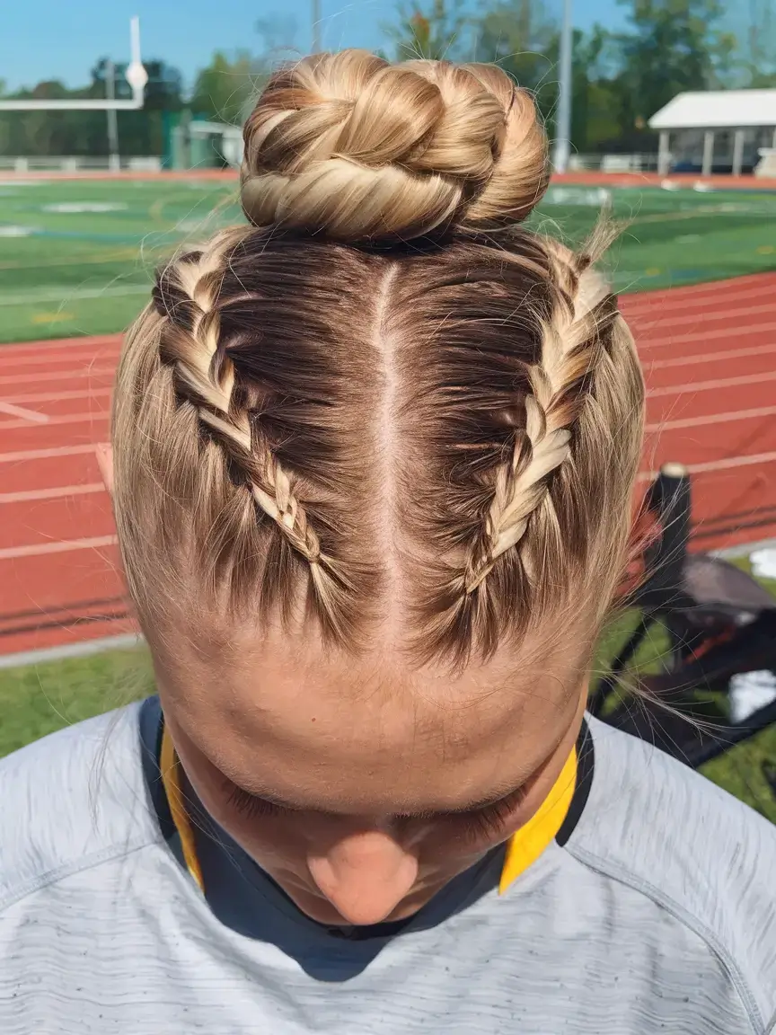 volleyball hairstyles for summer 2025+Twin Cornrow Braids into a Crowned Bun