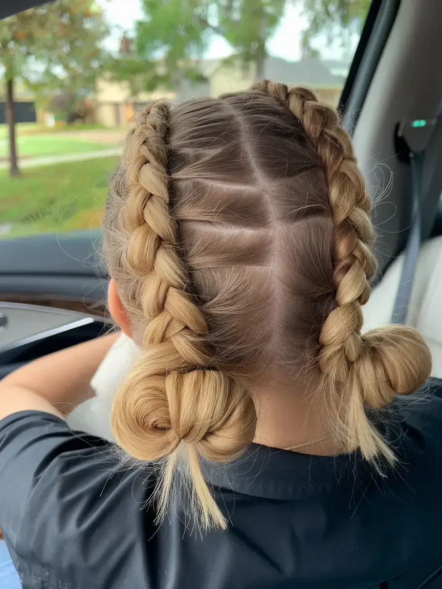 volleyball hairstyles for summer 2025+Thick Braided Buns with Clean Parting