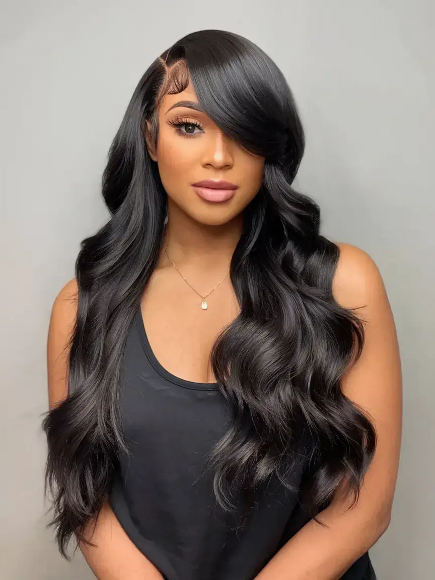 wigs hairstyle summer 2025 High Shine Jet Black with Side Bang Drama
