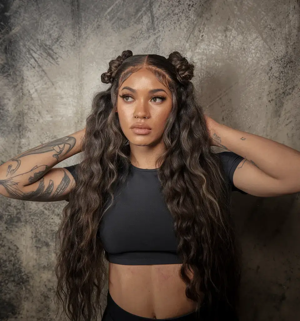 wigs hairstyle summer 2025 Festival-Ready Twin Space Buns with Loose Waves