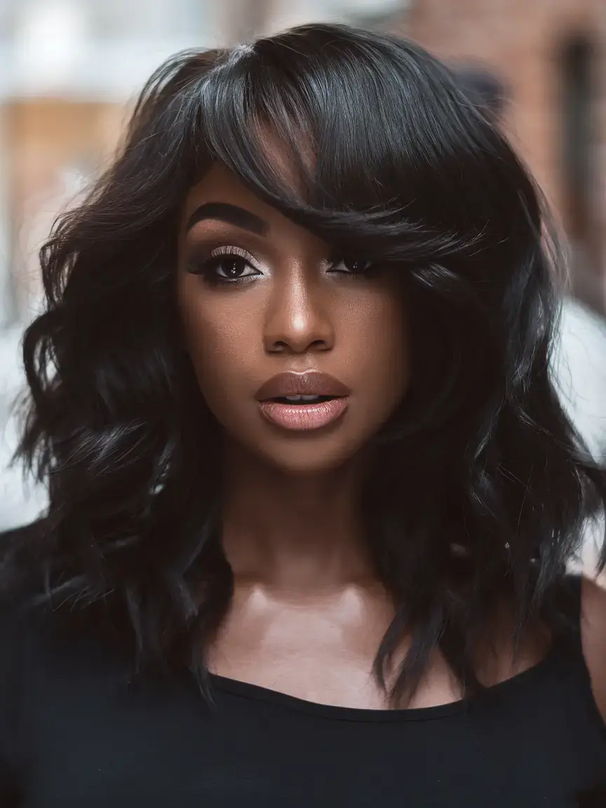 wigs hairstyle summer 2025 Feathery Black Lob with Curtain Bangs