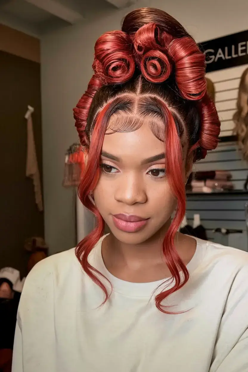 wigs hairstyle summer 2025 Retro Candy Roll Updo with Red Accents