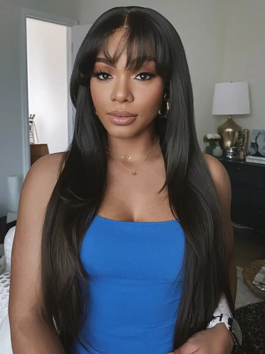 wigs hairstyle summer 2025 Jet Black Layers with Soft Curtain Bangs