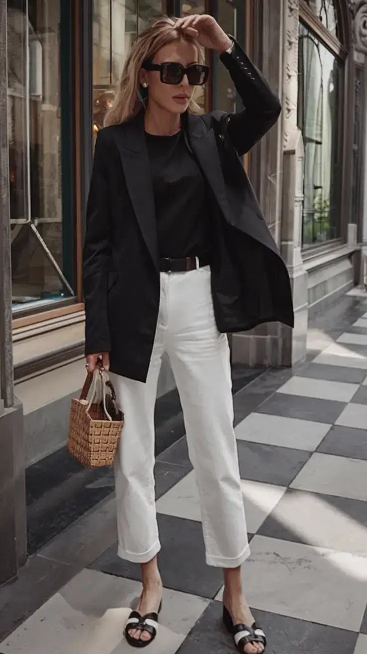 womens 2025 summer blazer outfits ideas+City Neutrals with Basket Charm