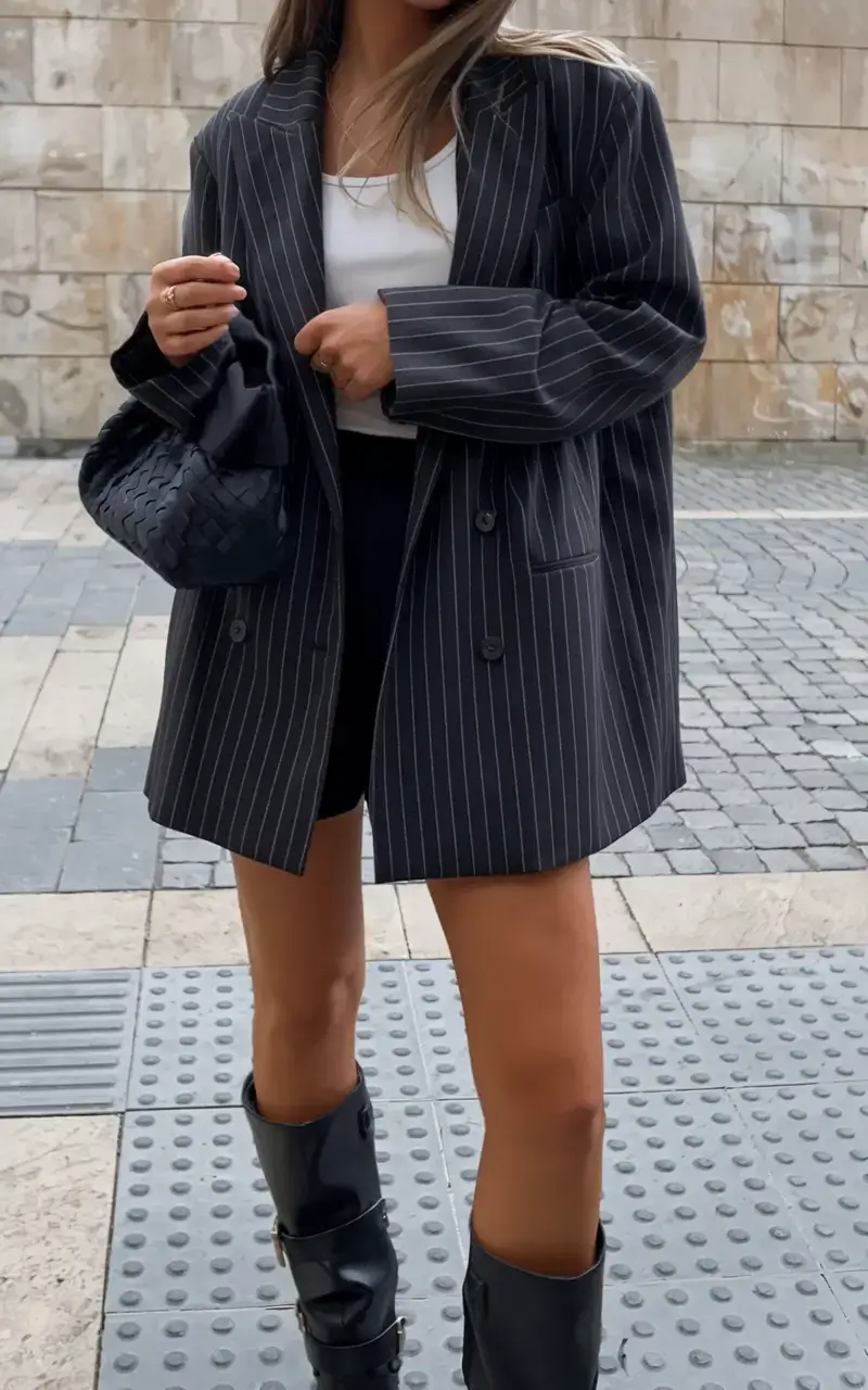 womens 2025 summer blazer outfits ideas+Pinstripe Boldness with Boots