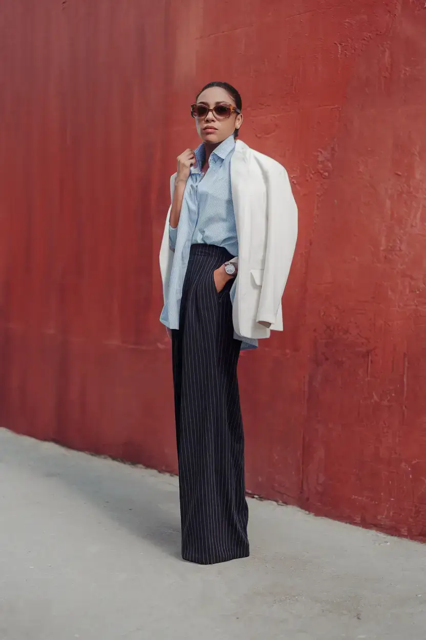 womens 2025 summer blazer outfits ideas Power Pinstripes with a Summer Spin