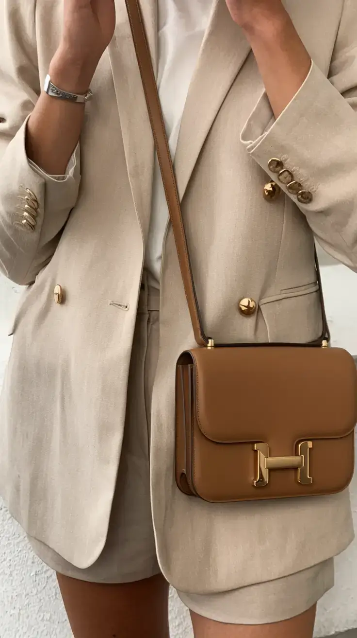 womens 2025 summer blazer outfits ideas Gold Buttoned Elegance in Monochrome