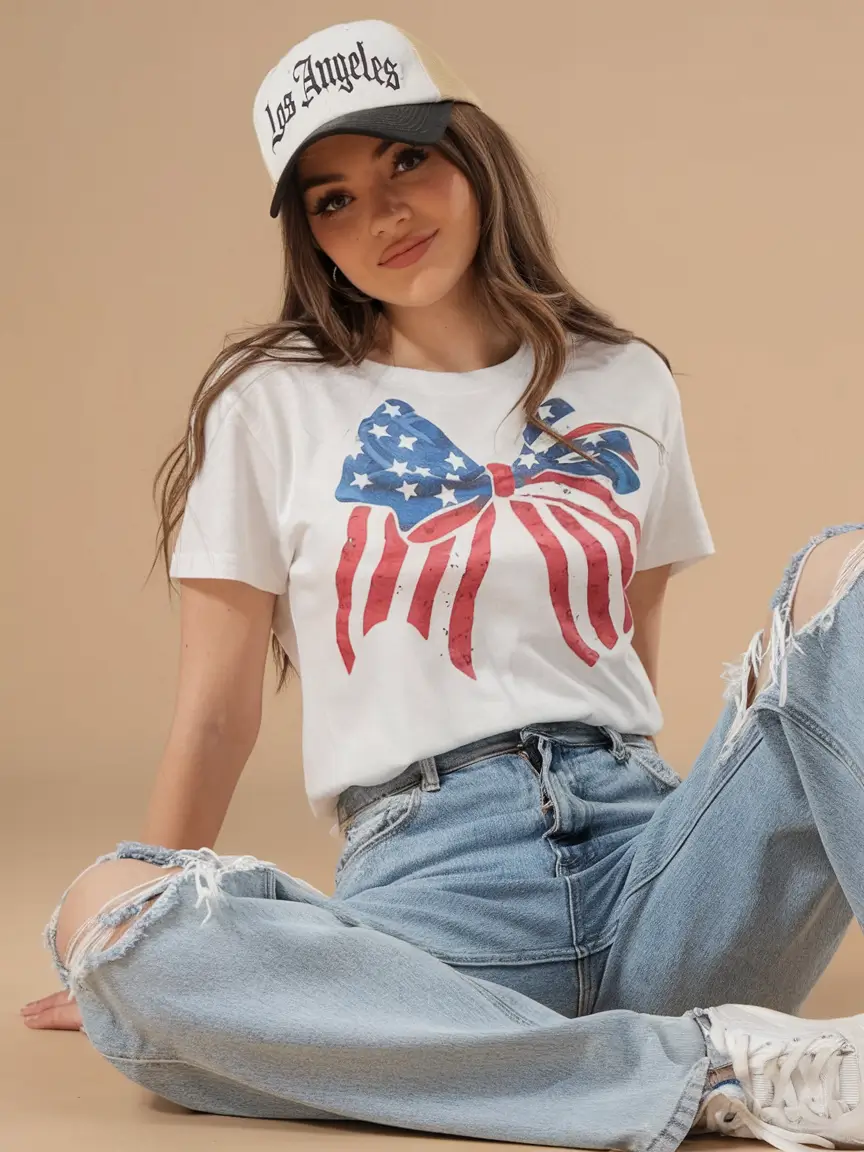 4th of july 2025 outfits that sparkle Playful Bow Graphic Tee