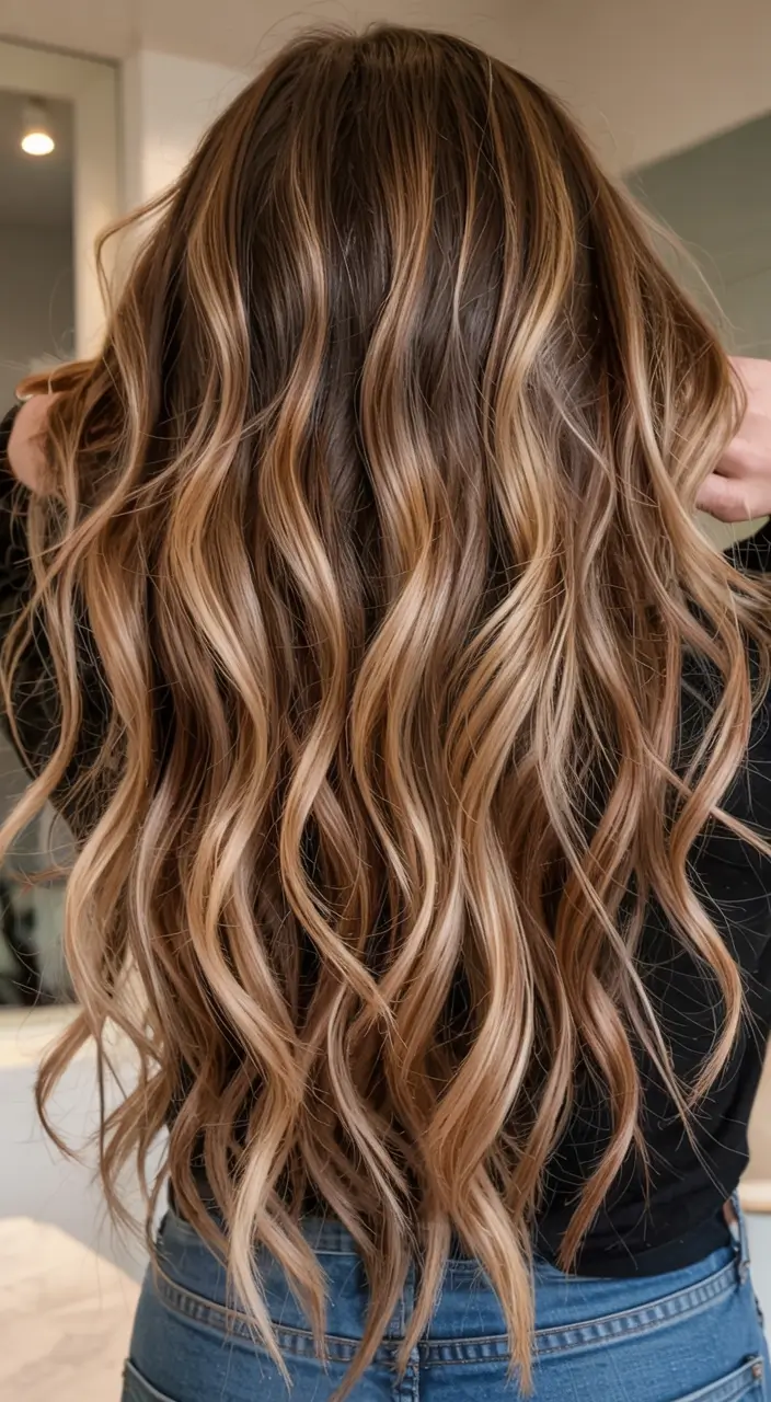 august hair color ideas - summer trends for 2025 Champagne Ribbon Lights on Espresso Waves