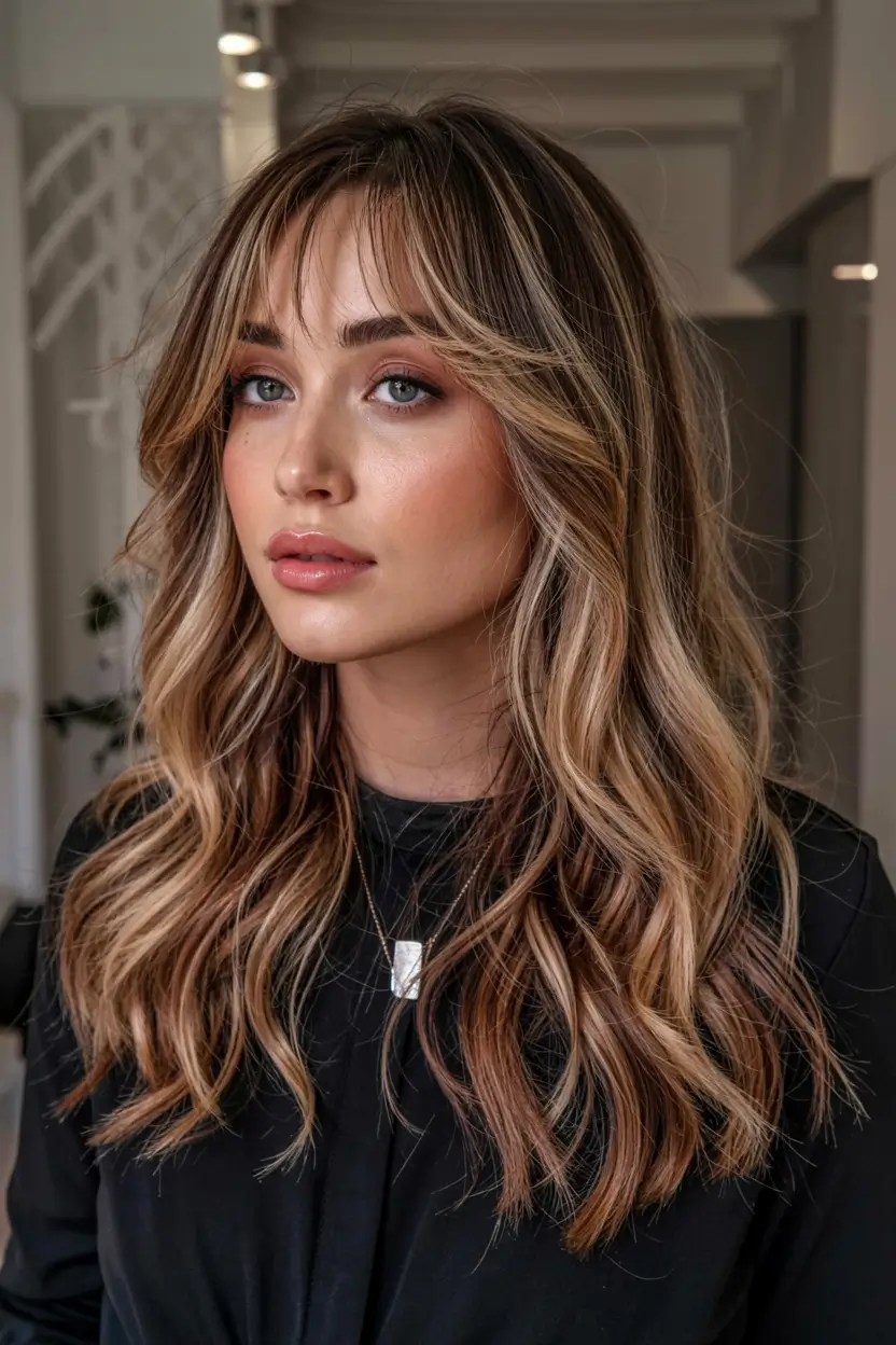 august hair color ideas - summer trends for 2025 Bronze Peach Blend with Wispy Fringe