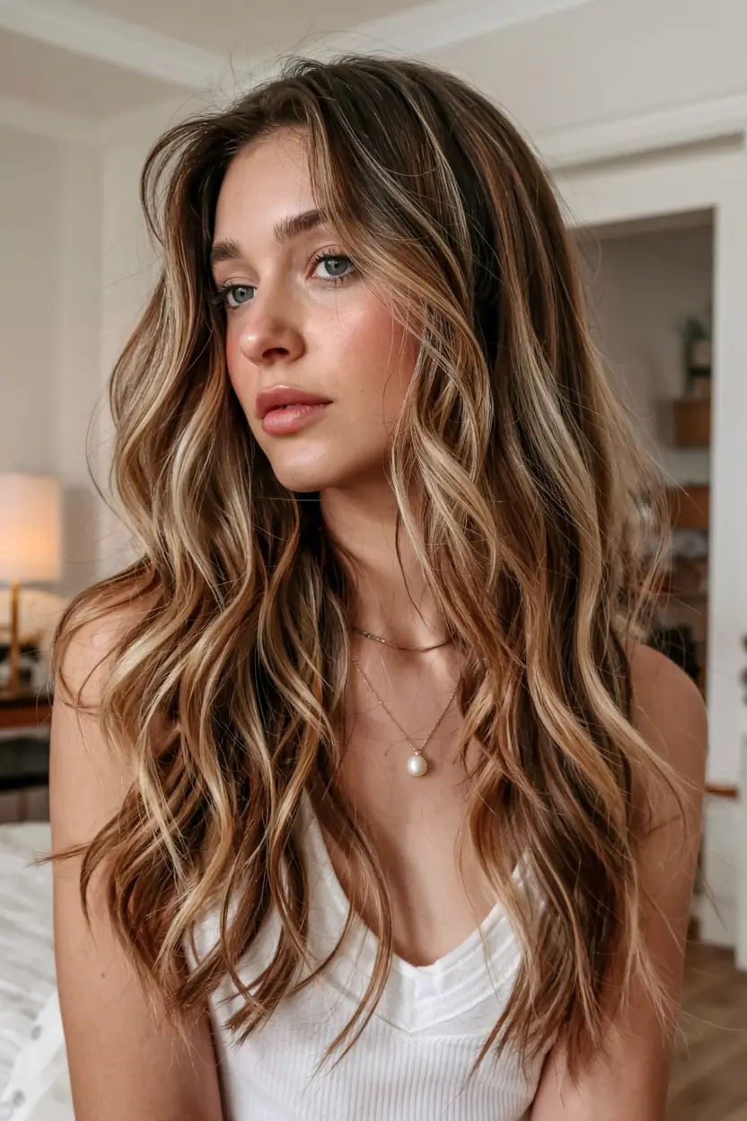 august hair color ideas - summer trends for 2025+Golden Brunette Beach Waves