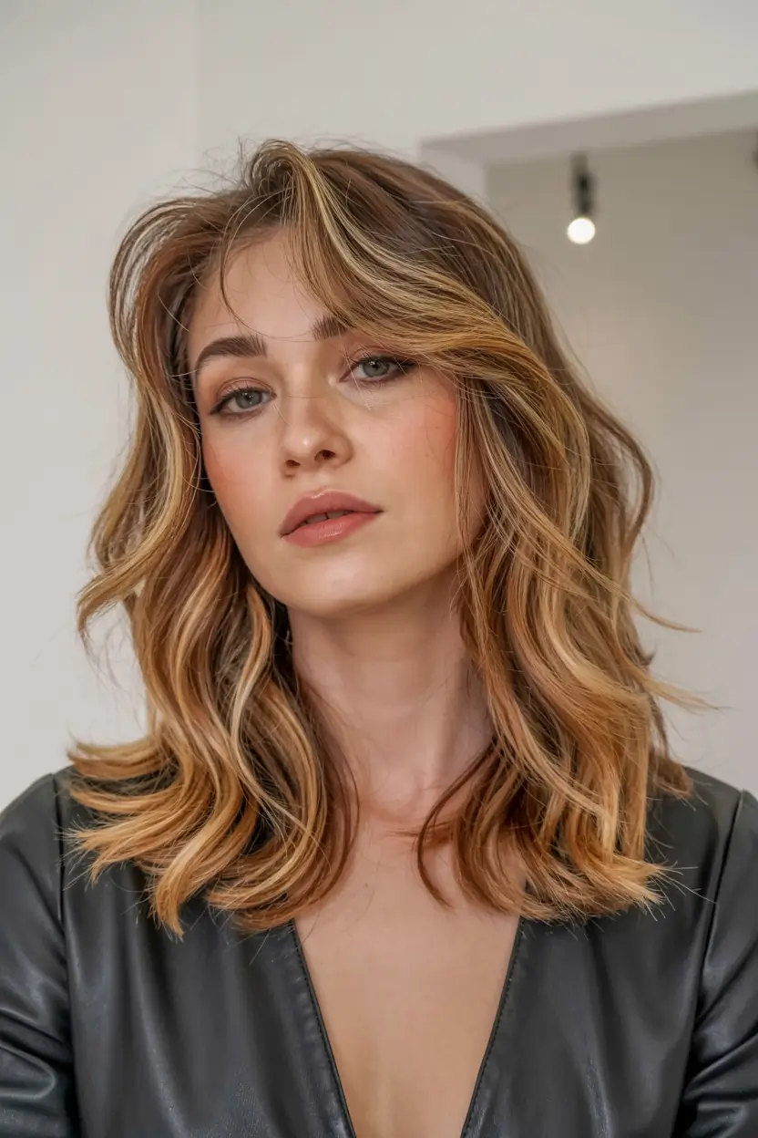 august hair color ideas - summer trends for 2025 Coppery Brunette Lob with Volume Bangs