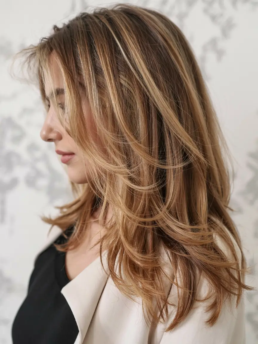 august hair color ideas - summer trends for 2025 Caramel Highlights with Modern Flick Layers