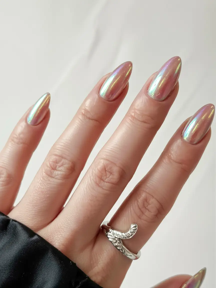august nails color ideas 2025+Opal Glazed Chrome